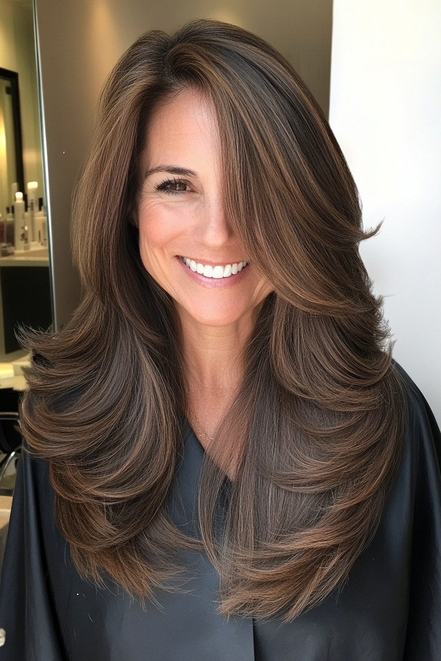 2. Long Layered Cut with Rich Brunette (Layered Haircuts For Women Over 50) - Layered Haircuts For Women Over 50