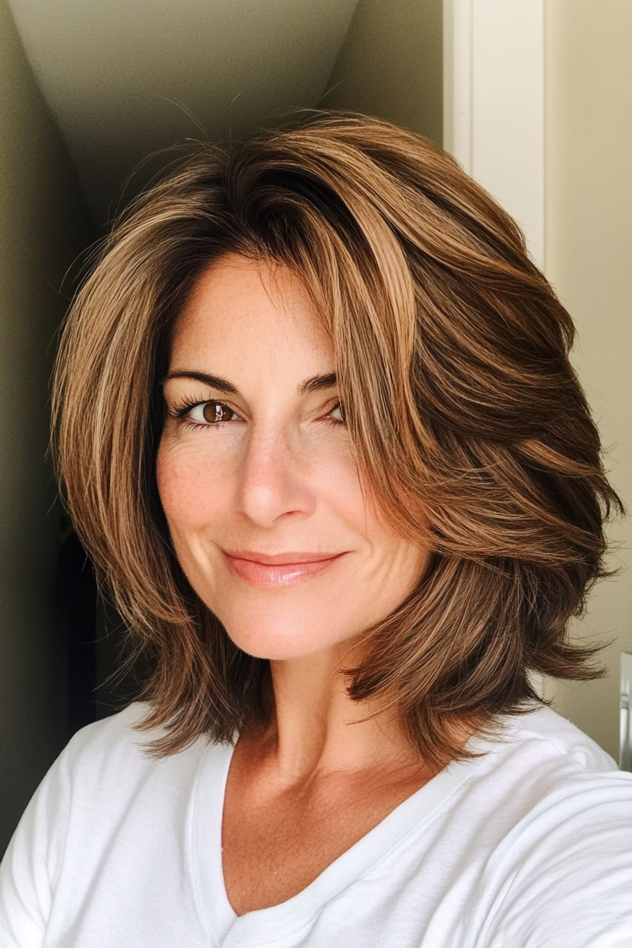 3. Chin-Length Layered Bob with Warm Brown (Layered Haircuts For Women Over 50) - Layered Haircuts For Women Over 50