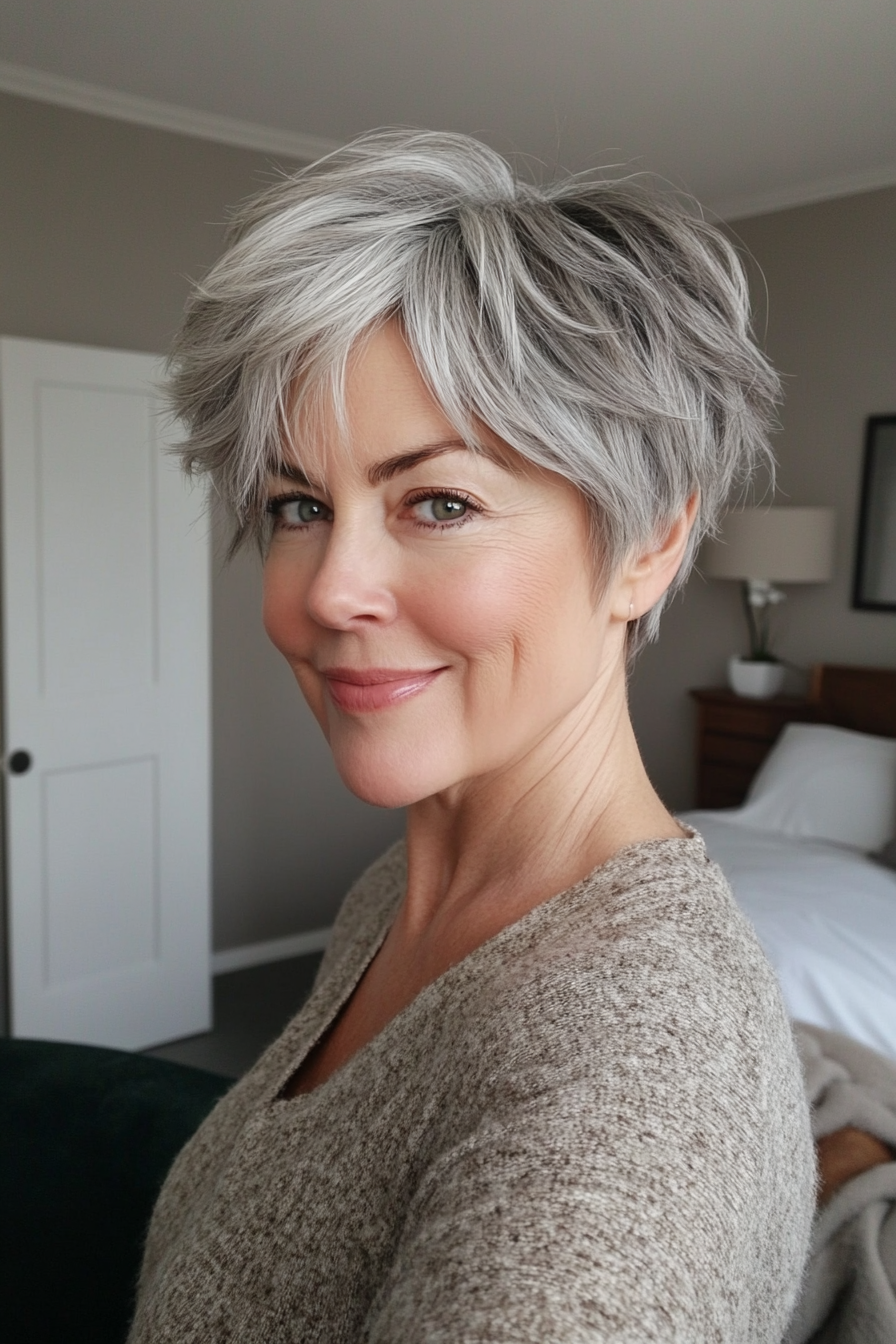 5. Wispy Pixie Cut with Salt-and-Pepper (Layered Haircuts For Women Over 50) - Layered Haircuts For Women Over 50