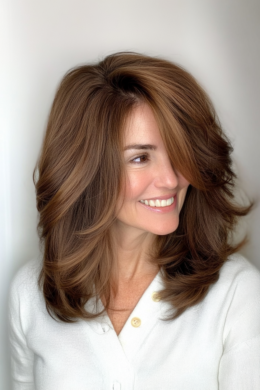 6. Shoulder-Length Layers with Chestnut Brown (Layered Haircuts For Women Over 50) - Layered Haircuts For Women Over 50