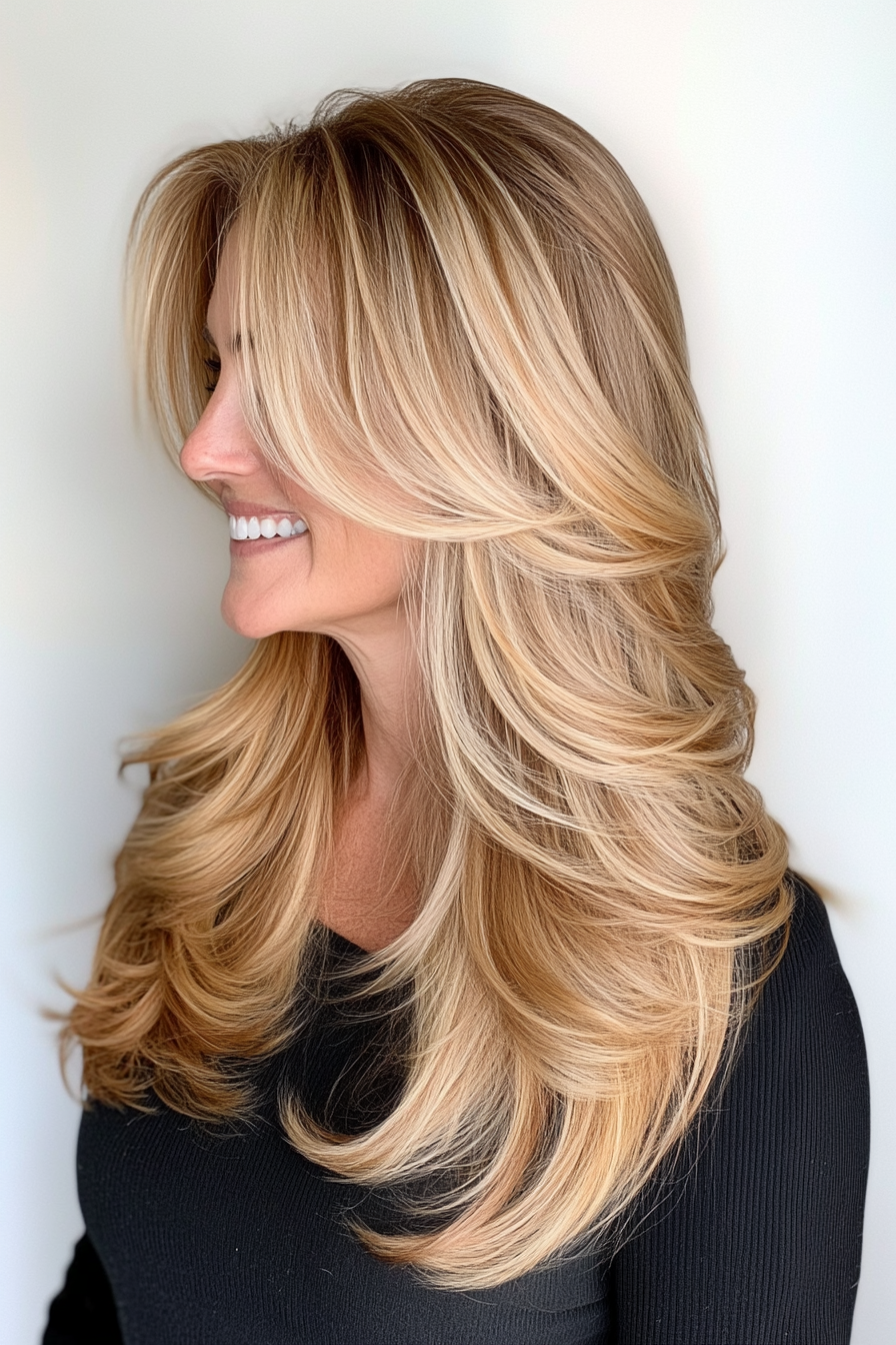 9. Long Layers with Golden Blonde Highlights (Layered Haircuts For Women Over 50) - Layered Haircuts For Women Over 50