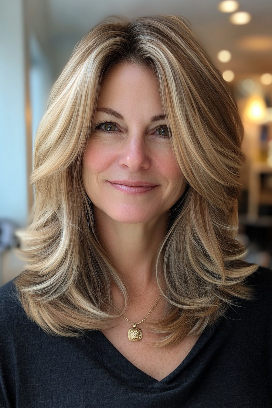 11. Medium Length Layers with Caramel Highlights (Layered Haircuts For Women Over 50) - Layered Haircuts For Women Over 50