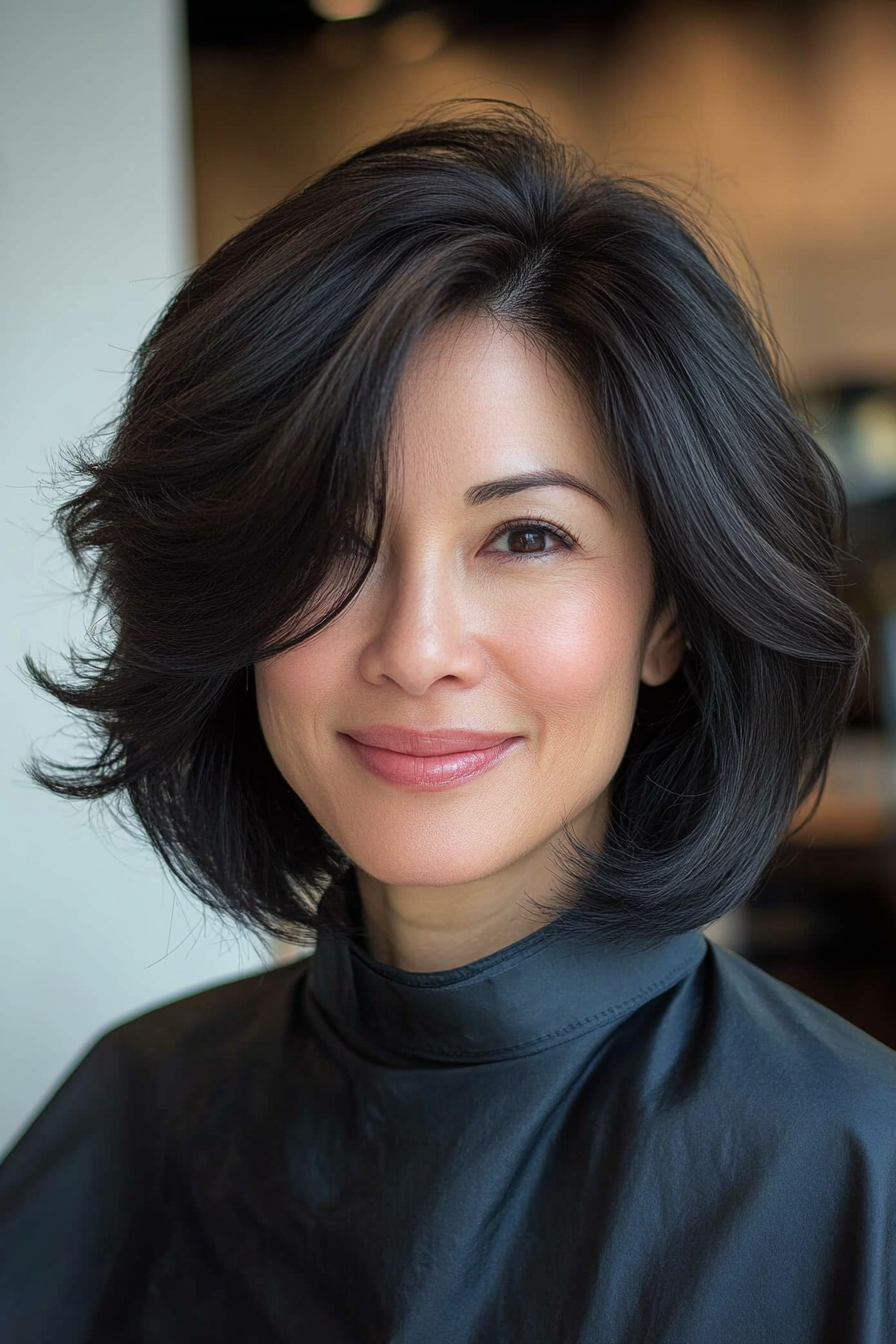12. Layered Bob with Natural Black (Layered Haircuts For Women Over 50) - Layered Haircuts For Women Over 50