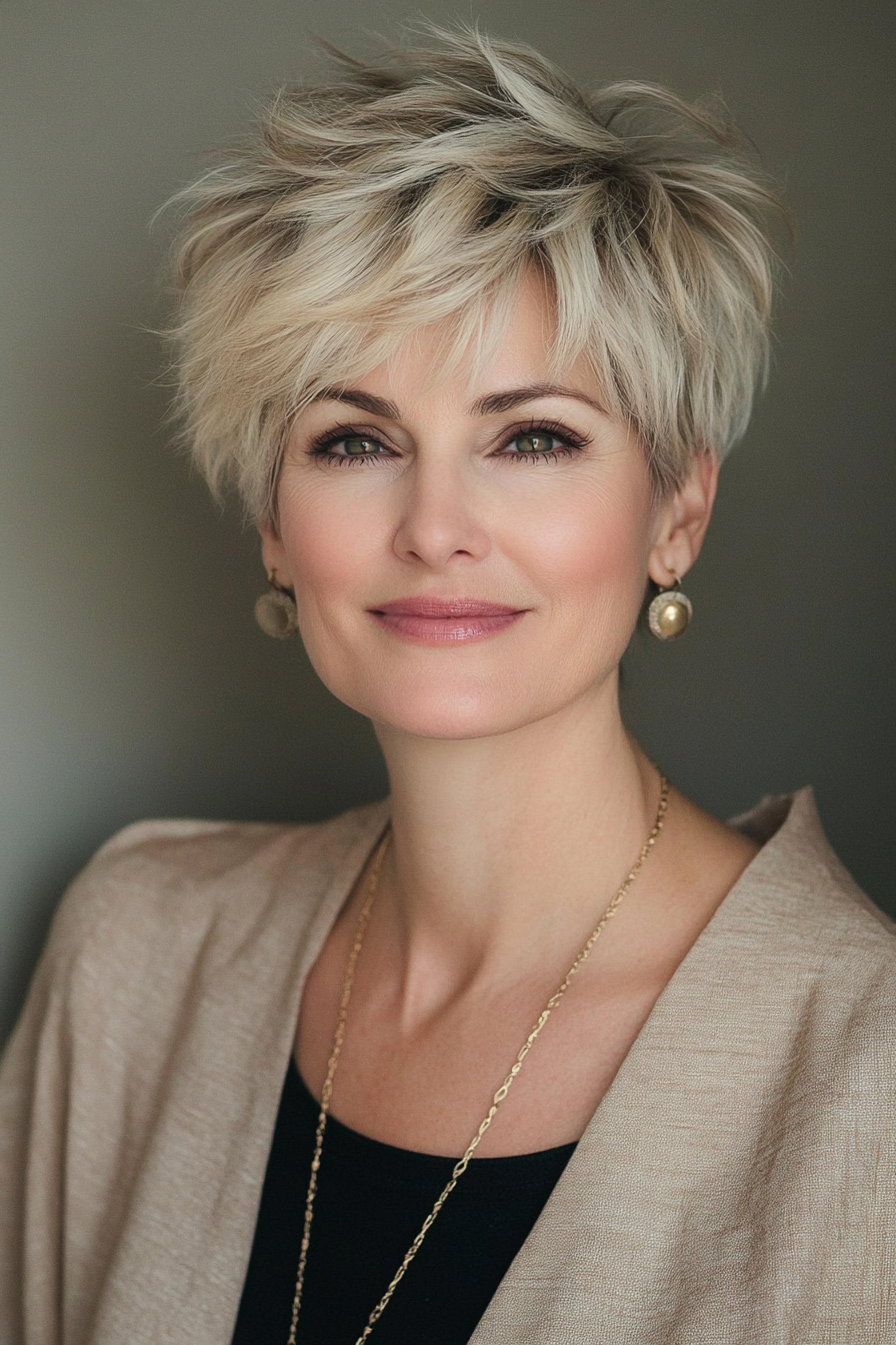 13. Choppy Pixie with Blonde Highlights (Layered Haircuts For Women Over 50) - Layered Haircuts For Women Over 50