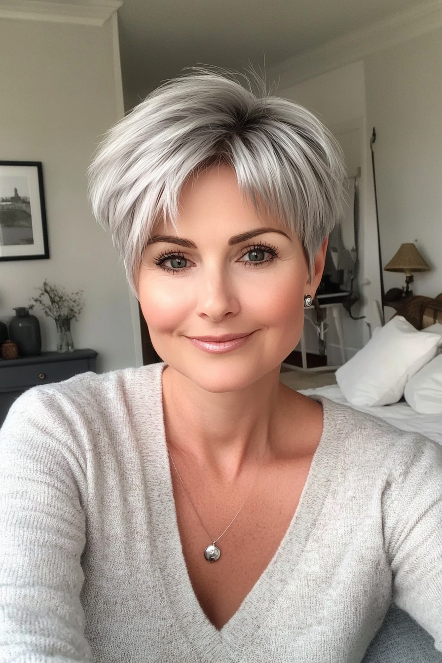 18. Layered Tapered Pixie with Silver (Layered Haircuts For Women Over 50) - Layered Haircuts For Women Over 50