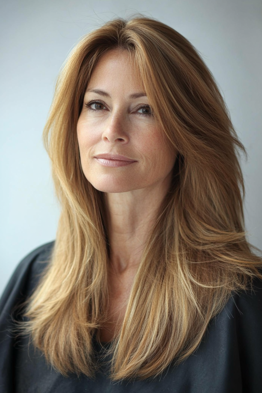 20. Straight Long Layers with Warm Caramel (Layered Haircuts For Women Over 50) - Layered Haircuts For Women Over 50
