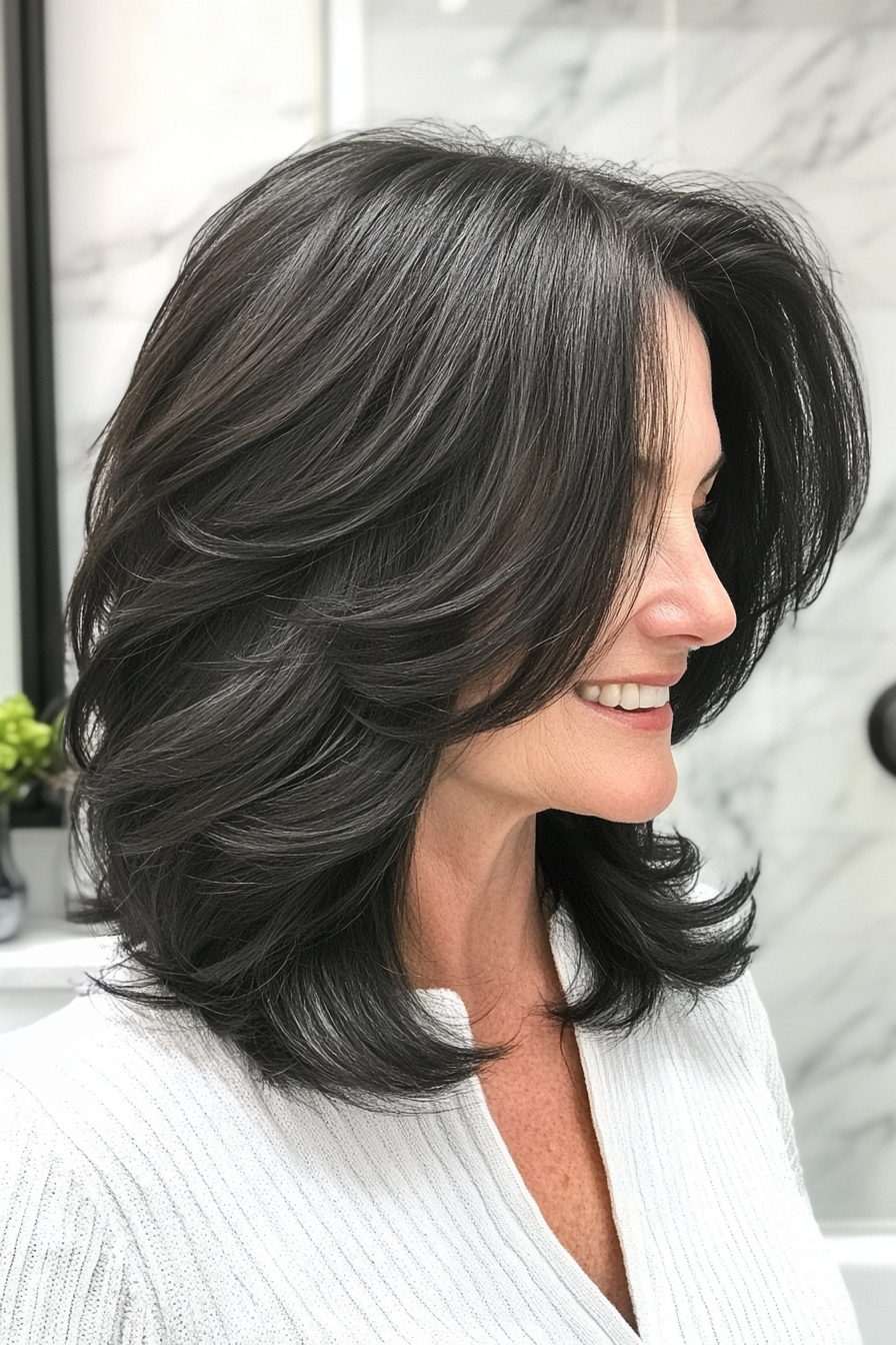 21. Textured Medium Cut with Soft Black (Layered Haircuts For Women Over 50) - Layered Haircuts For Women Over 50