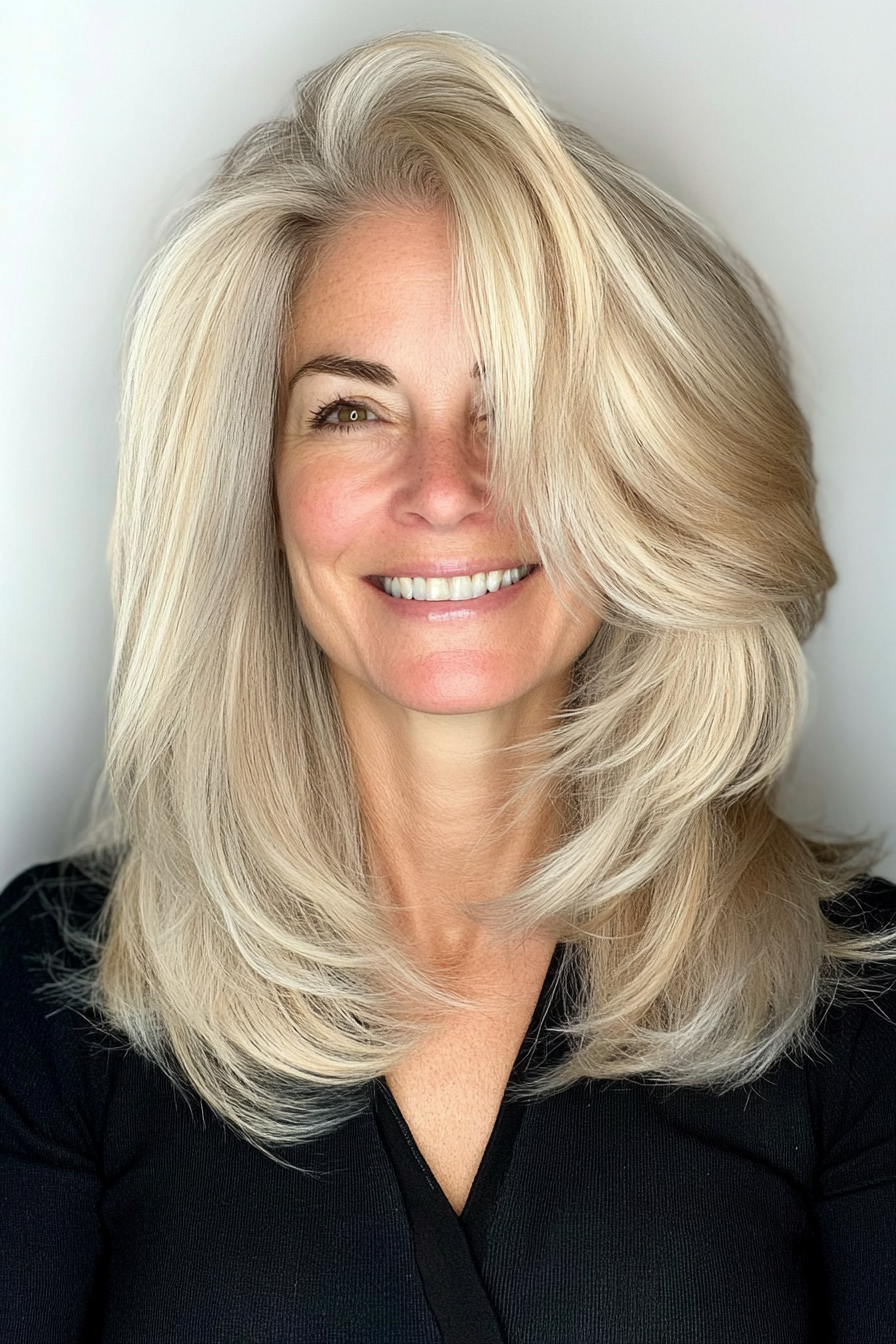 24. Layered Cut with Platinum Blonde Tips (Layered Haircuts For Women Over 50) - Layered Haircuts For Women Over 50