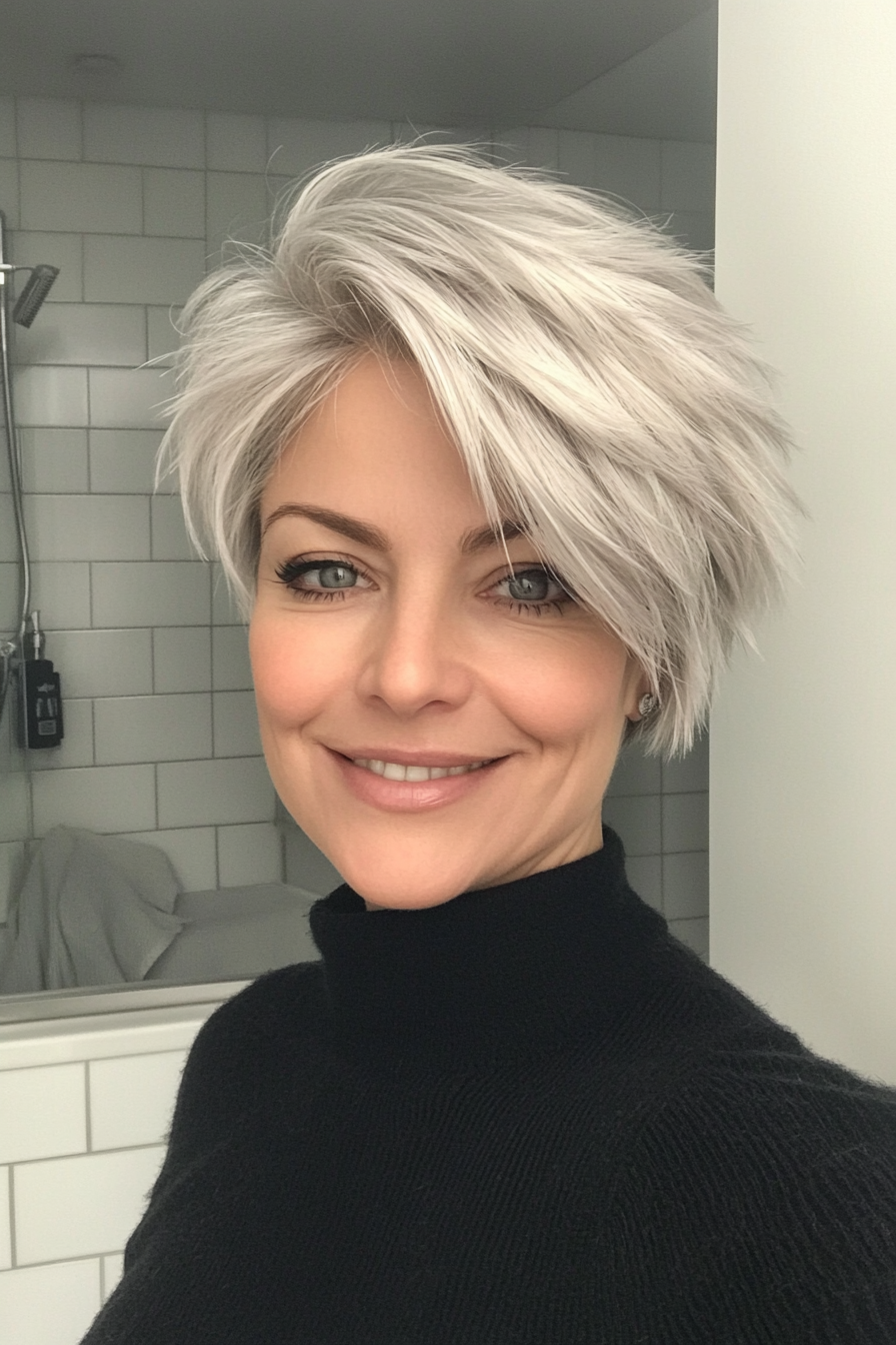 27. Textured Pixie Cut with Silver Blonde (Layered Haircuts For Women Over 50) - Layered Haircuts For Women Over 50
