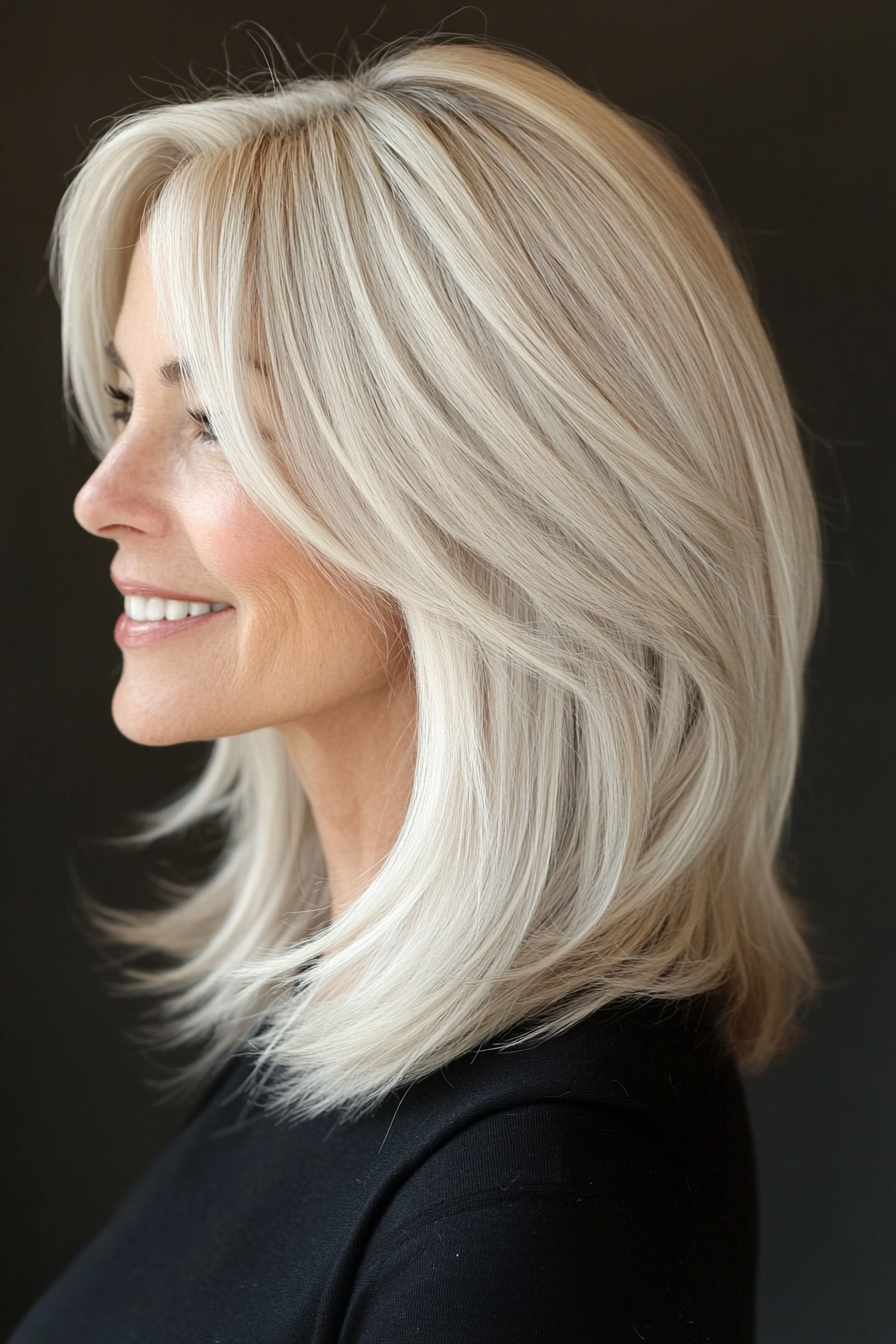 2. Lob with Platinum Blonde Layers (Layered Haircuts For Women Over 60) - Layered Haircuts For Women Over 60
