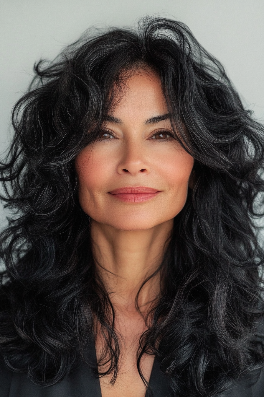 4. Curly Layers with Deep Black (Layered Haircuts For Women Over 60) - Layered Haircuts For Women Over 60