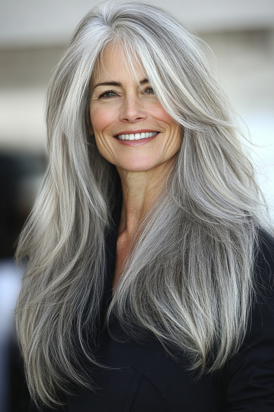 5. Long Layers with Silver Highlights (Layered Haircuts For Women Over 60) - Layered Haircuts For Women Over 60