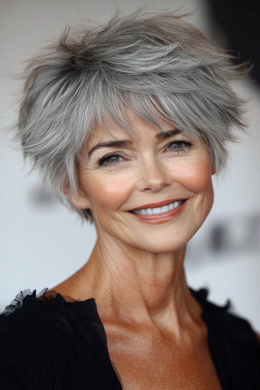 7. Layered Pixie with Salt and Pepper (Layered Haircuts For Women Over 60) - Layered Haircuts For Women Over 60