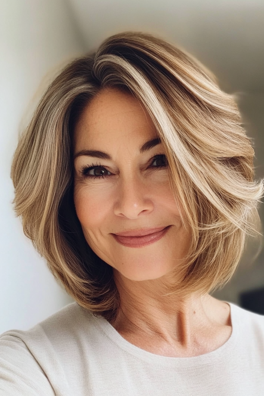 12. Stacked Bob with Caramel Highlights (Layered Haircuts For Women Over 60) - Layered Haircuts For Women Over 60