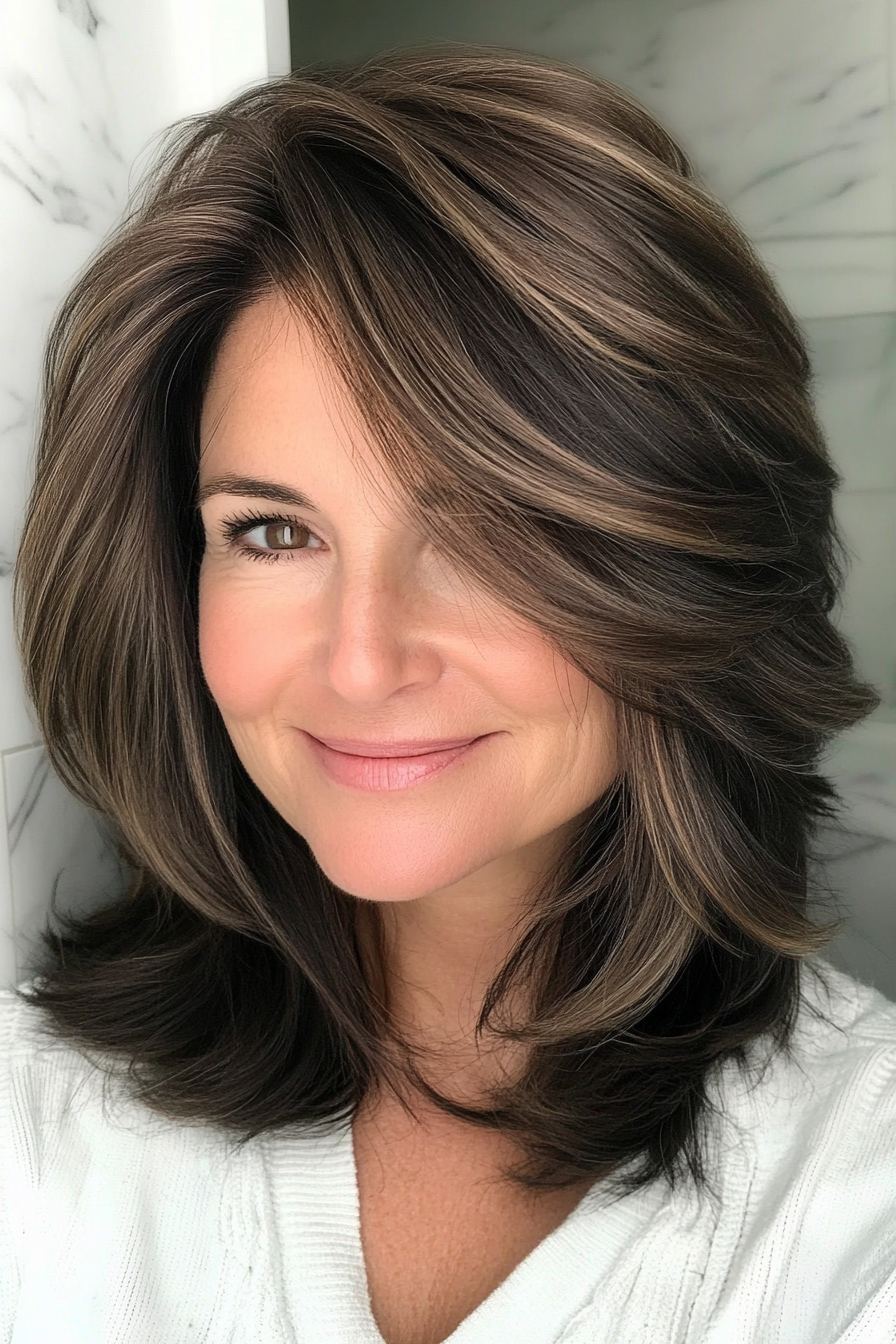 13. Layered Lob with Dark Brown Roots (Layered Haircuts For Women Over 60) - Layered Haircuts For Women Over 60