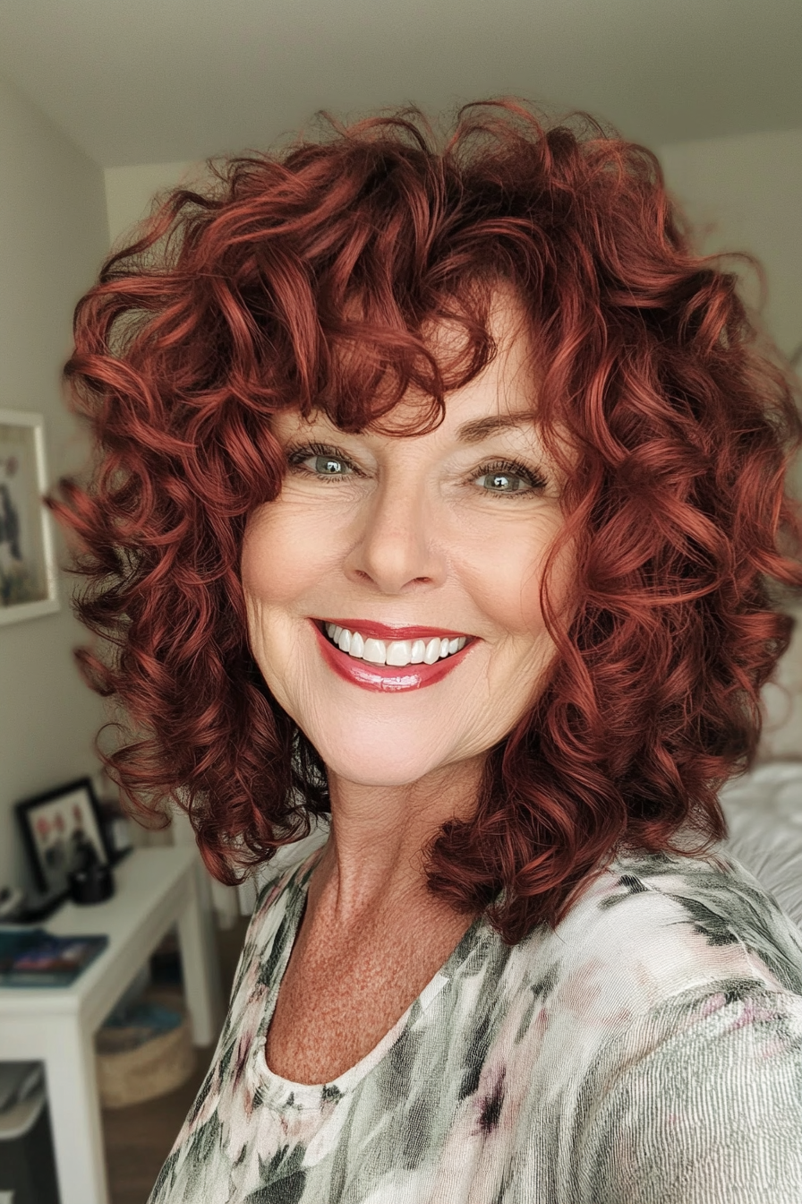 14. Curly Shag with Deep Red (Layered Haircuts For Women Over 60) - Layered Haircuts For Women Over 60