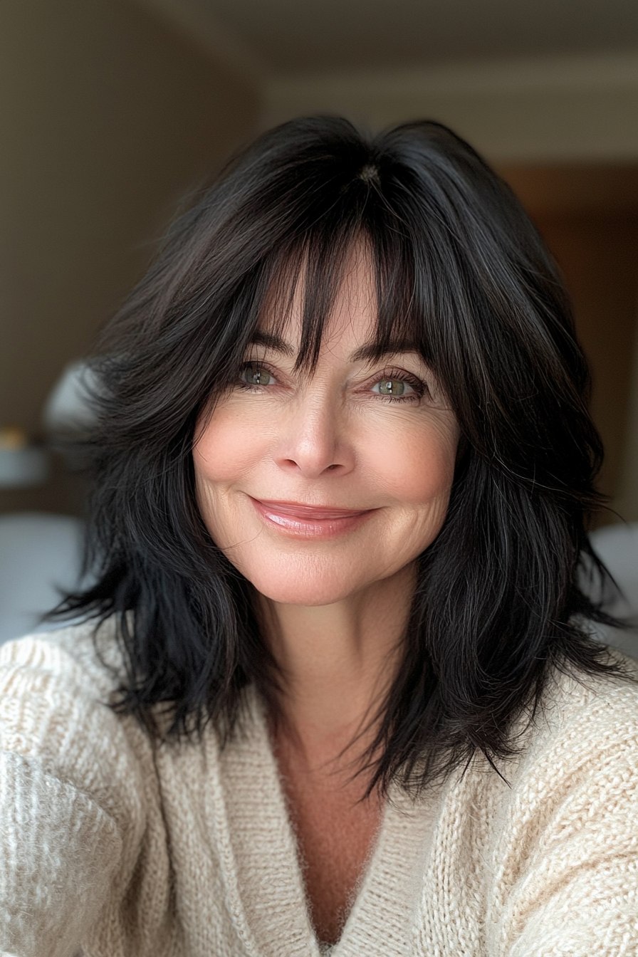 16. Layered Bangs with Soft Black (Layered Haircuts For Women Over 60) - Layered Haircuts For Women Over 60
