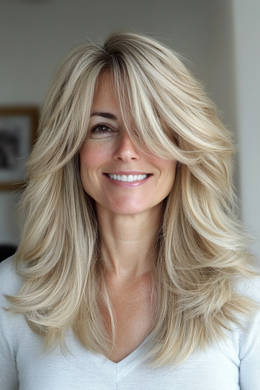 20. Feathered Layers with Blonde Highlights (Layered Haircuts For Women Over 60) - Layered Haircuts For Women Over 60