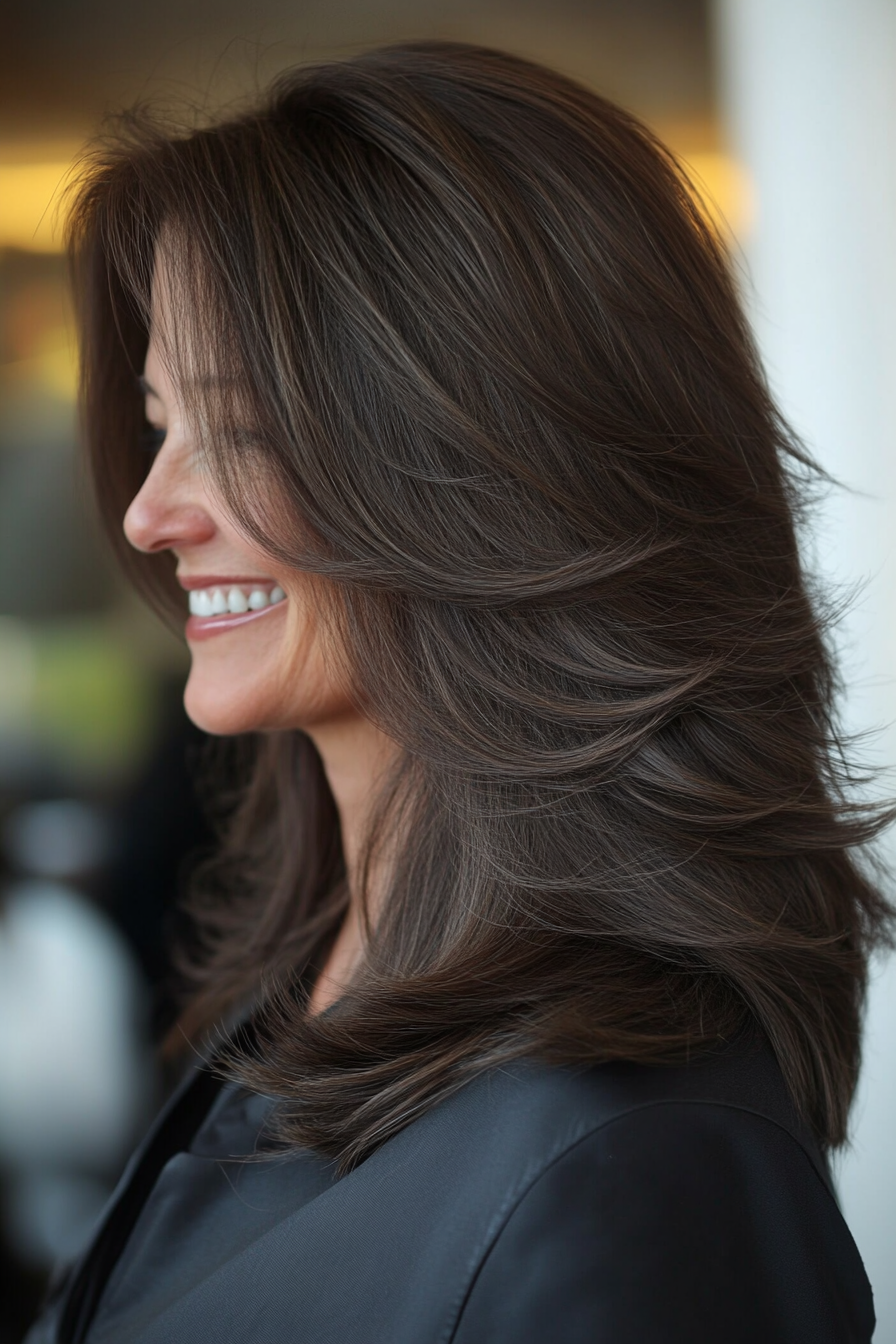 21. Side-Swept Layers with Espresso Brown (Layered Haircuts For Women Over 60) - Layered Haircuts For Women Over 60