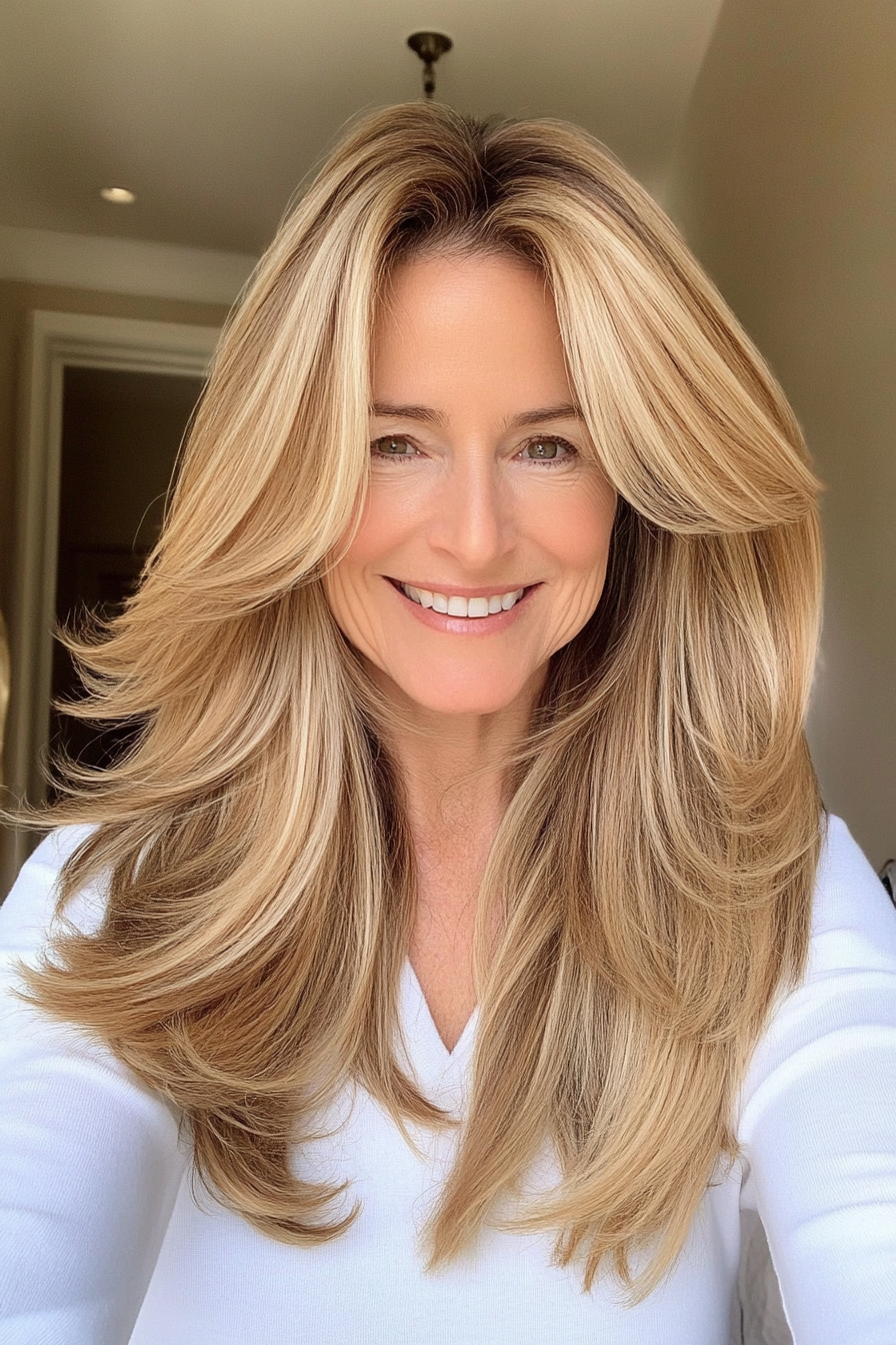 23. Long Layers with Caramel Blonde (Layered Haircuts For Women Over 60) - Layered Haircuts For Women Over 60