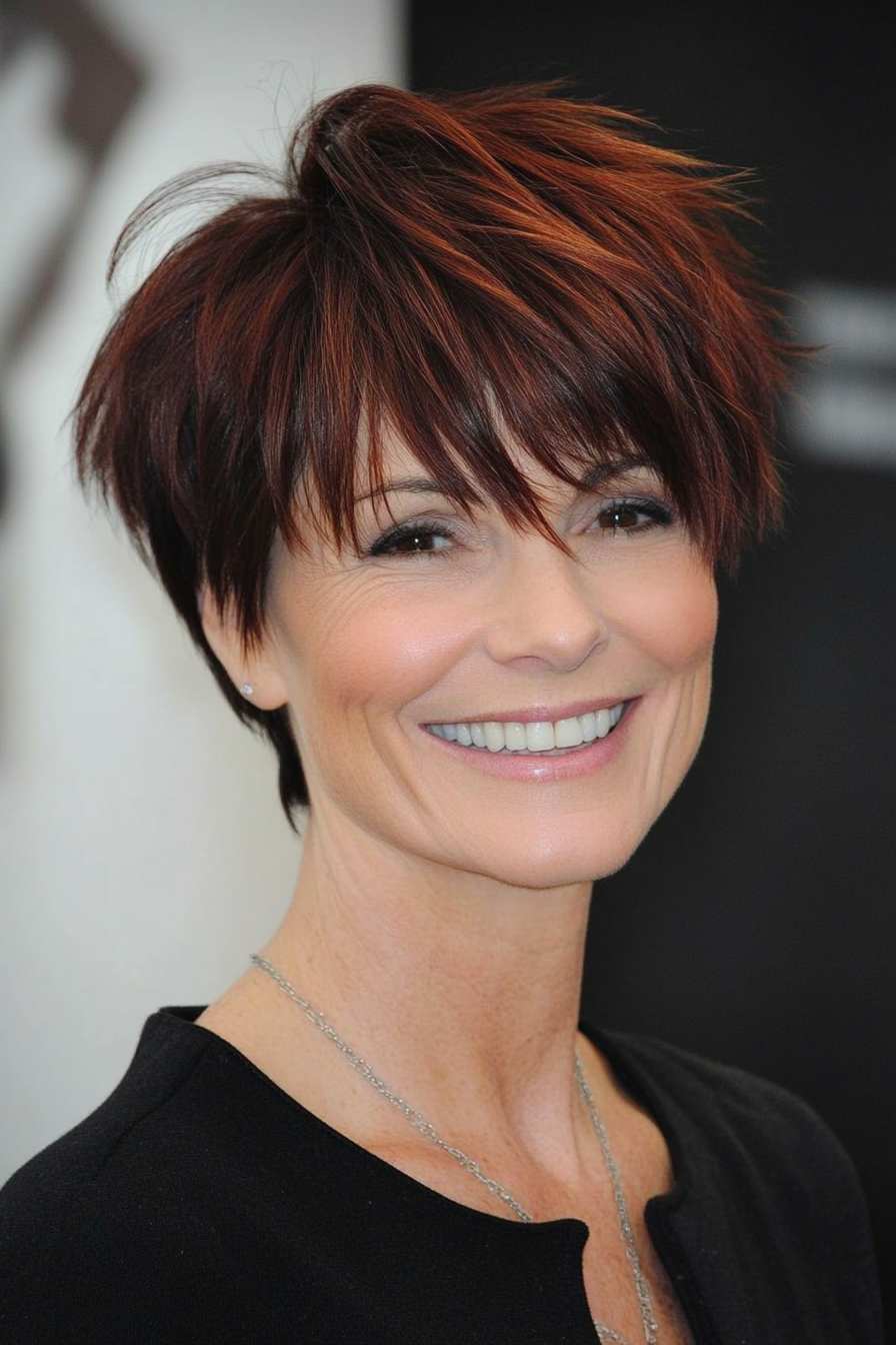 26. Layered Pixie with Dark Auburn (Layered Haircuts For Women Over 60) - Layered Haircuts For Women Over 60