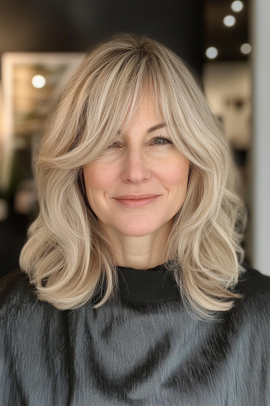 5. Wispy Bangs with Shoulder-Length Hair - Ash Blonde (Hairstyles For Older Women) - Hairstyles For Older Women