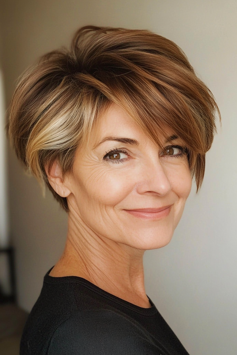 11. Choppy Pixie with Highlights - Soft Blonde Highlights on Brown (Hairstyles For Older Women) - Hairstyles For Older Women