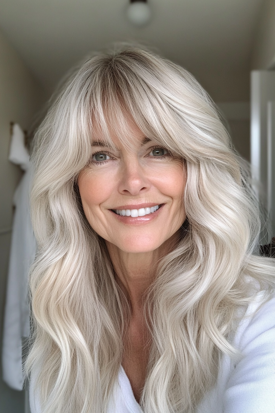 15. Fringe with Soft Waves - Platinum Blonde (Hairstyles For Older Women) - Hairstyles For Older Women