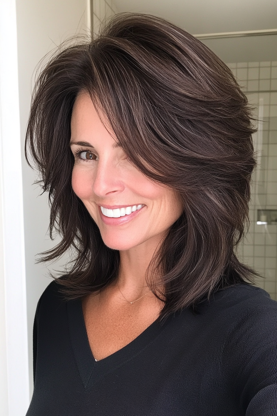 17. Layered Shaggy Lob - Dark Chocolate Brown (Hairstyles For Older Women) - Hairstyles For Older Women