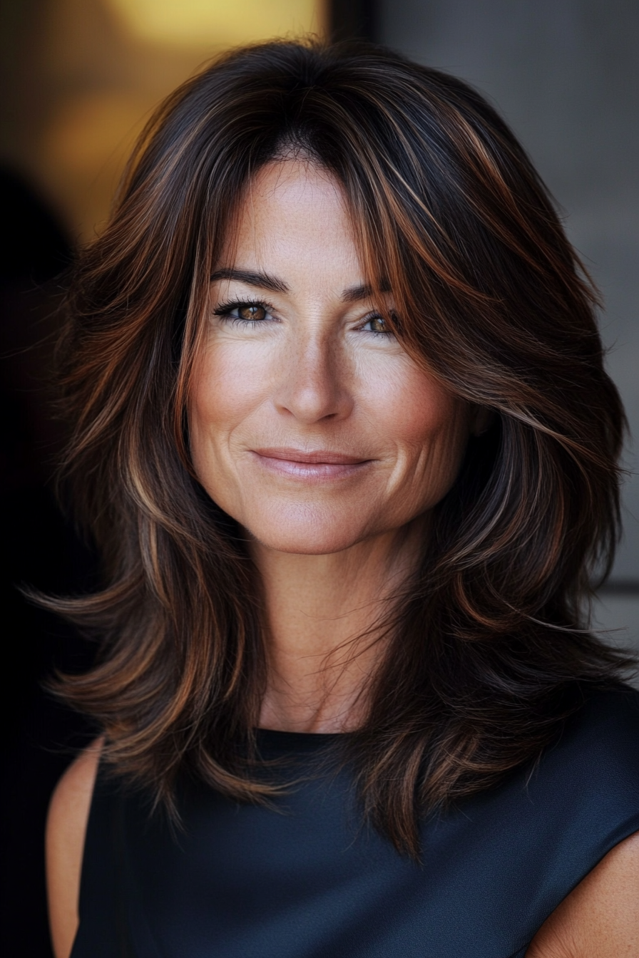 21. Textured Medium Cut - Caramel Highlights on Dark Brown (Hairstyles For Older Women) - Hairstyles For Older Women