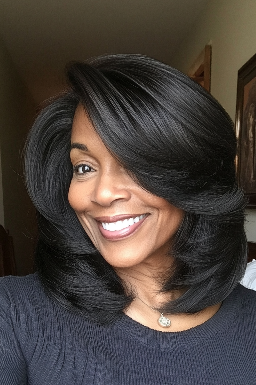 25. Medium-Length Shag with Feathered Layers - Natural Black (Hairstyles For Older Women) - Hairstyles For Older Women