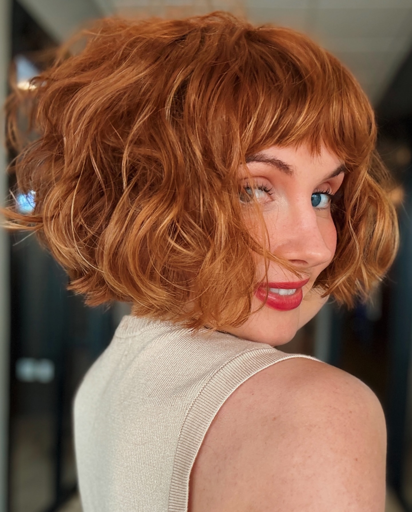 16. Curly Copper Bob with Micro Fringe - Short Hairstyle Ideas for Women