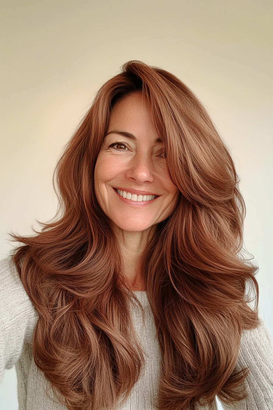 1. Layered Chestnut Waves (Long Hairstyles For Women Over 40) - Long Hairstyles For Women Over 40