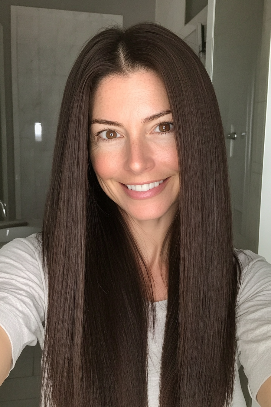 2. Classic Espresso Straight Cut (Long Hairstyles For Women Over 40) - Long Hairstyles For Women Over 40