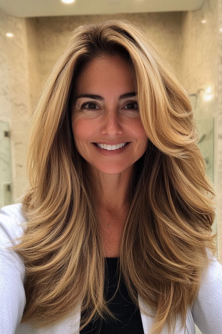 4. Golden Honey Balayage Layers (Long Hairstyles For Women Over 40) - Long Hairstyles For Women Over 40