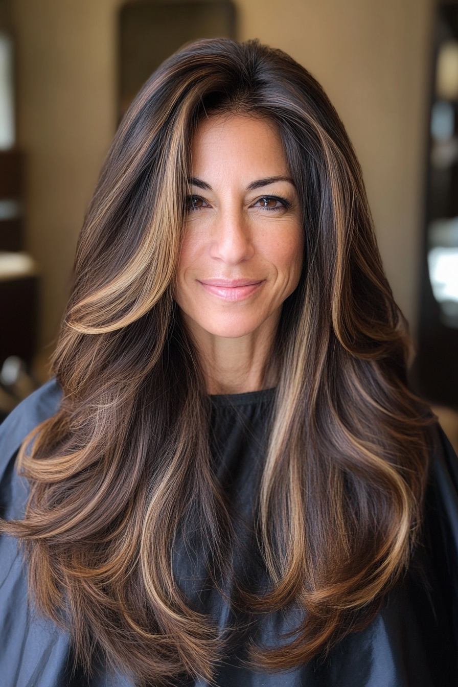 6. Warm Caramel Highlights on Dark Brown (Long Hairstyles For Women Over 40) - Long Hairstyles For Women Over 40