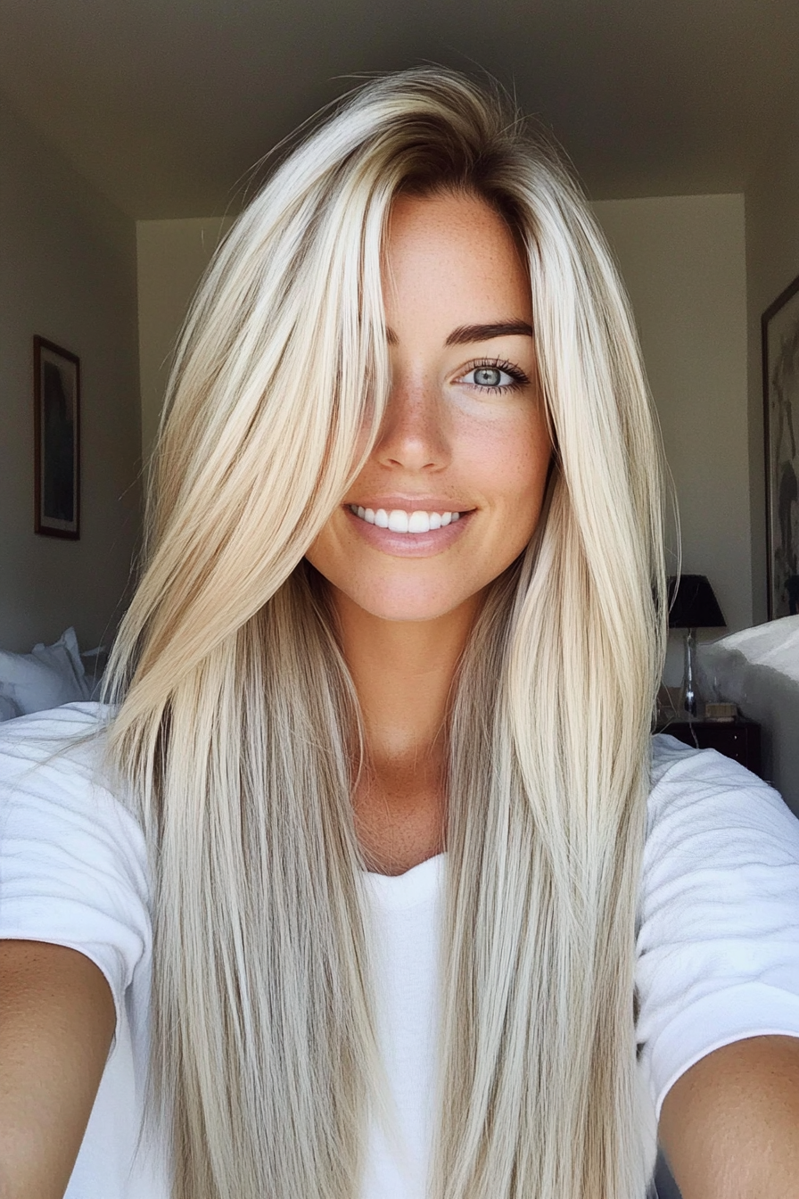 7. Platinum Blonde Straight Layers (Long Hairstyles For Women Over 40) - Long Hairstyles For Women Over 40
