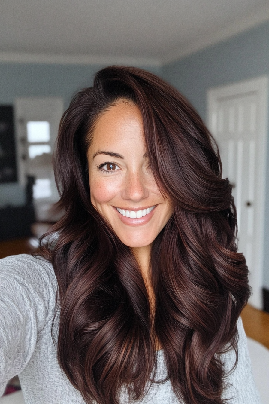 8. Mahogany Waves with Side Part (Long Hairstyles For Women Over 40) - Long Hairstyles For Women Over 40
