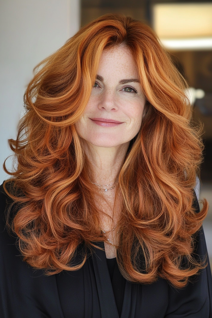 9. Auburn Layered Curls (Long Hairstyles For Women Over 40) - Long Hairstyles For Women Over 40