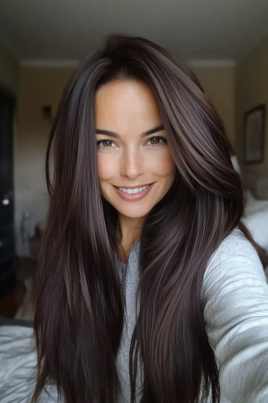 10. Dark Chocolate with Subtle Layers (Long Hairstyles For Women Over 40) - Long Hairstyles For Women Over 40