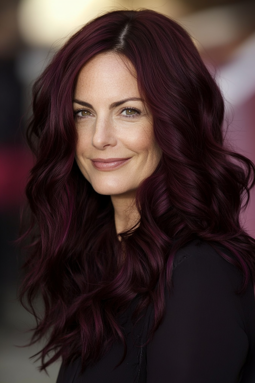 12. Rich Burgundy Soft Curls (Long Hairstyles For Women Over 40) - Long Hairstyles For Women Over 40