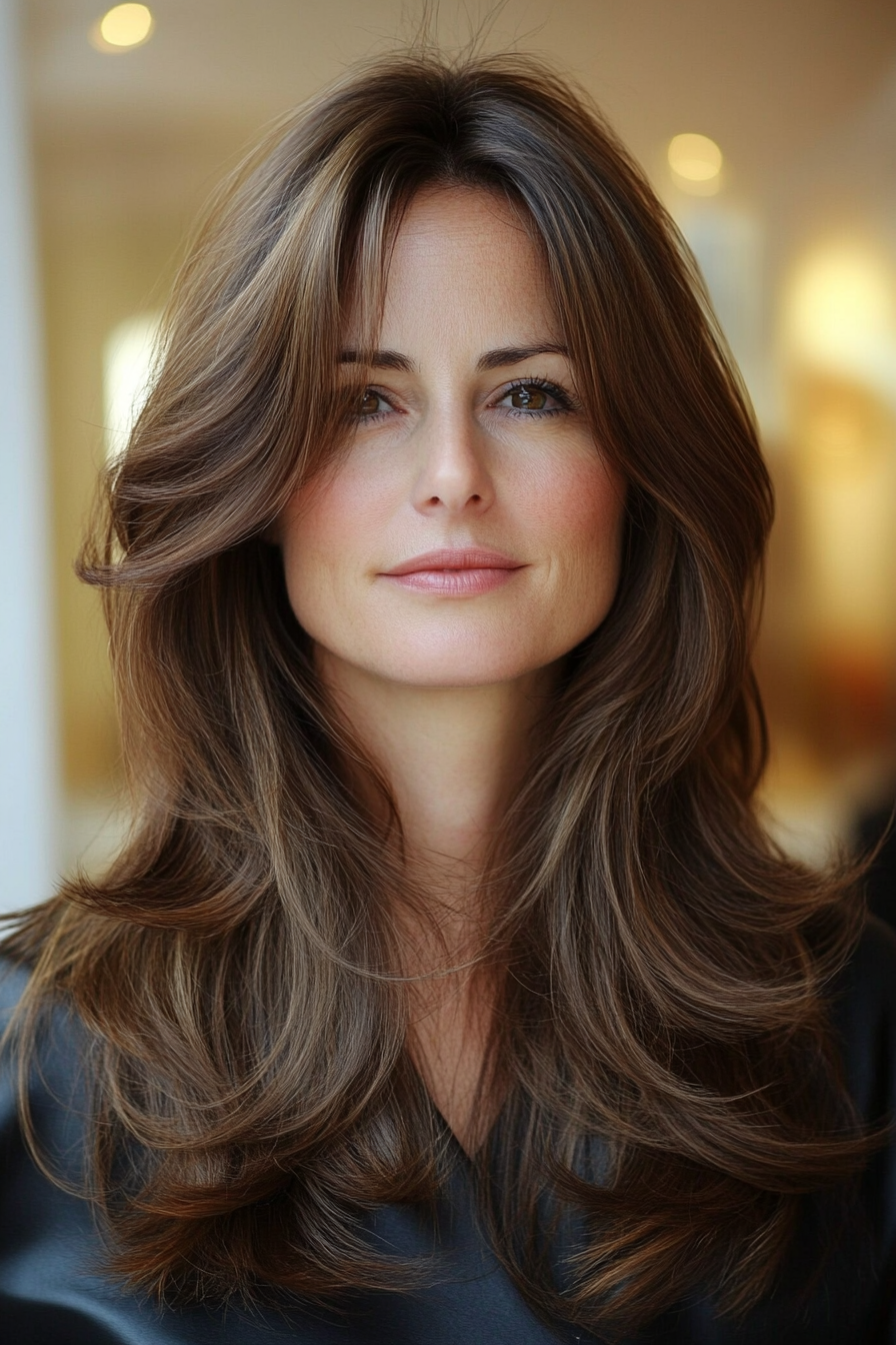 14. Chestnut Brown with Feathered Ends (Long Hairstyles For Women Over 40) - Long Hairstyles For Women Over 40