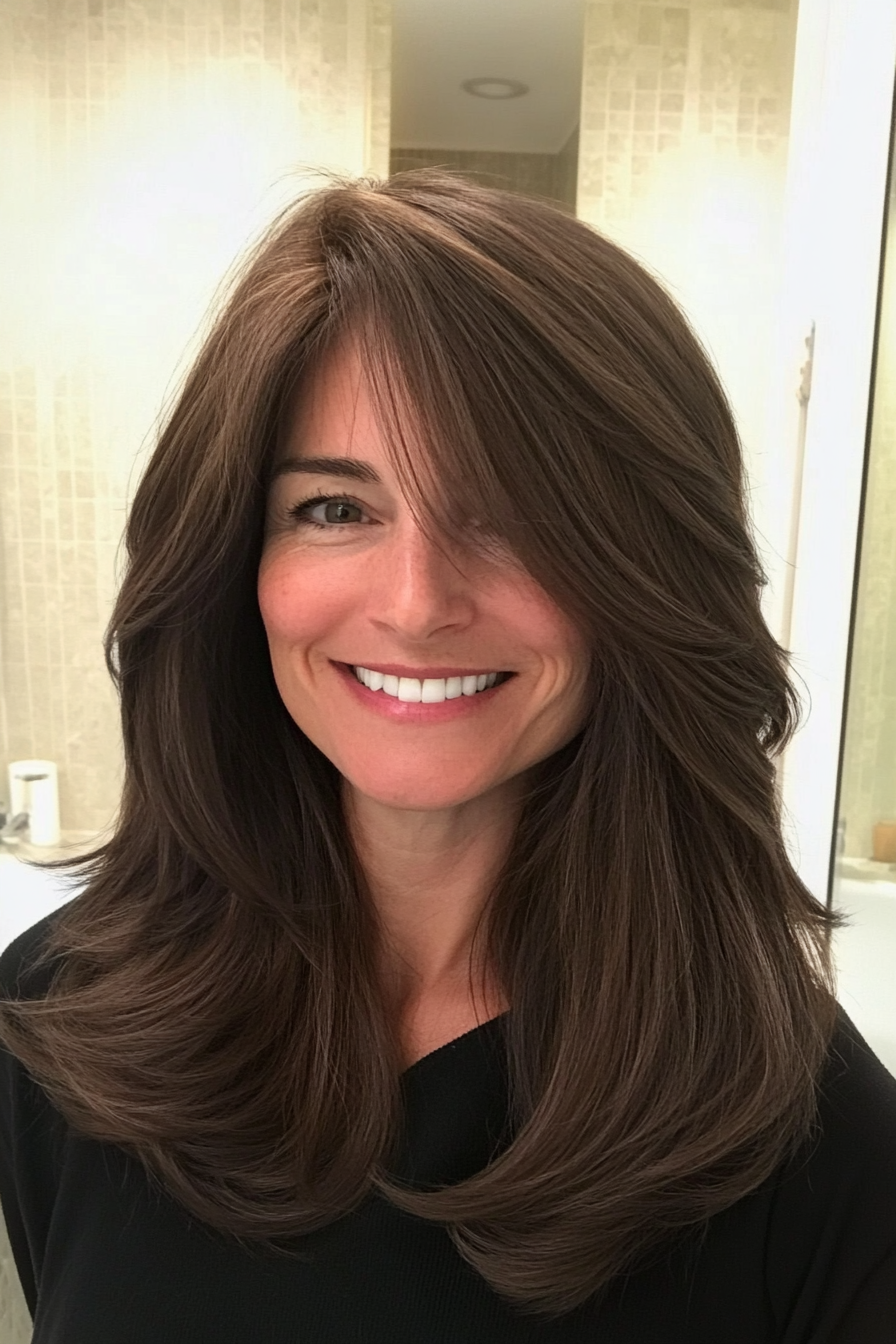 16. Deep Brown with Curtain Bangs (Long Hairstyles For Women Over 40) - Long Hairstyles For Women Over 40