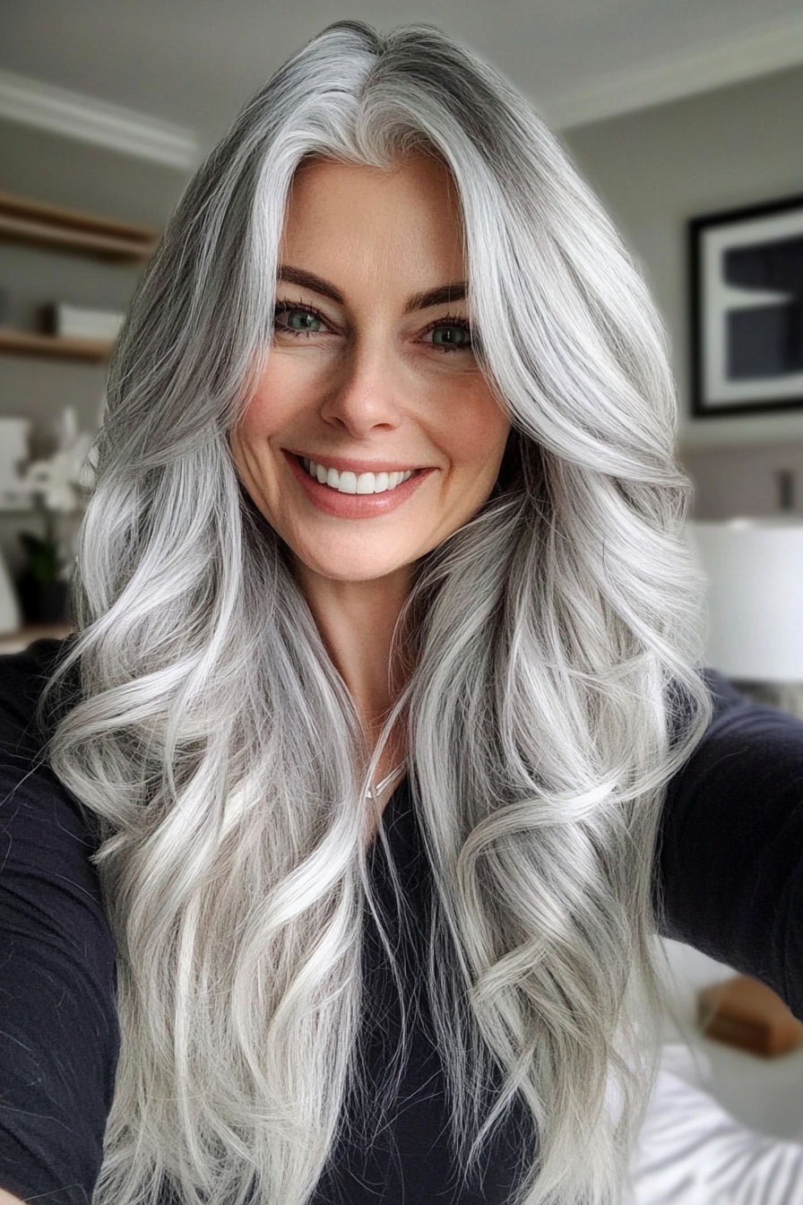 19. Natural Gray with Silver Accents (Long Hairstyles For Women Over 40) - Long Hairstyles For Women Over 40
