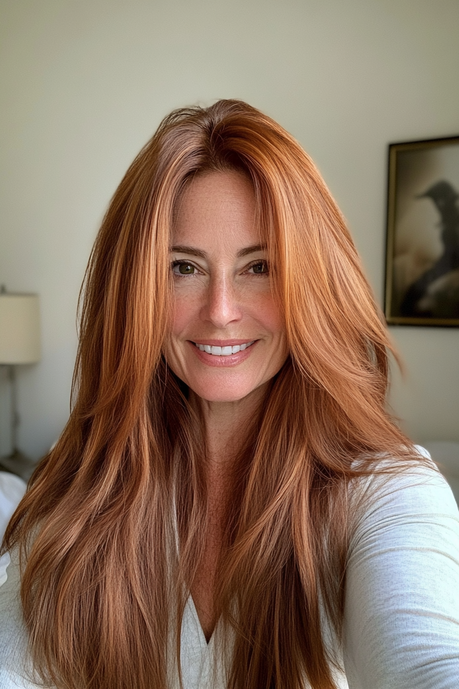 23. Golden Chestnut with Long Layers (Long Hairstyles For Women Over 40) - Long Hairstyles For Women Over 40