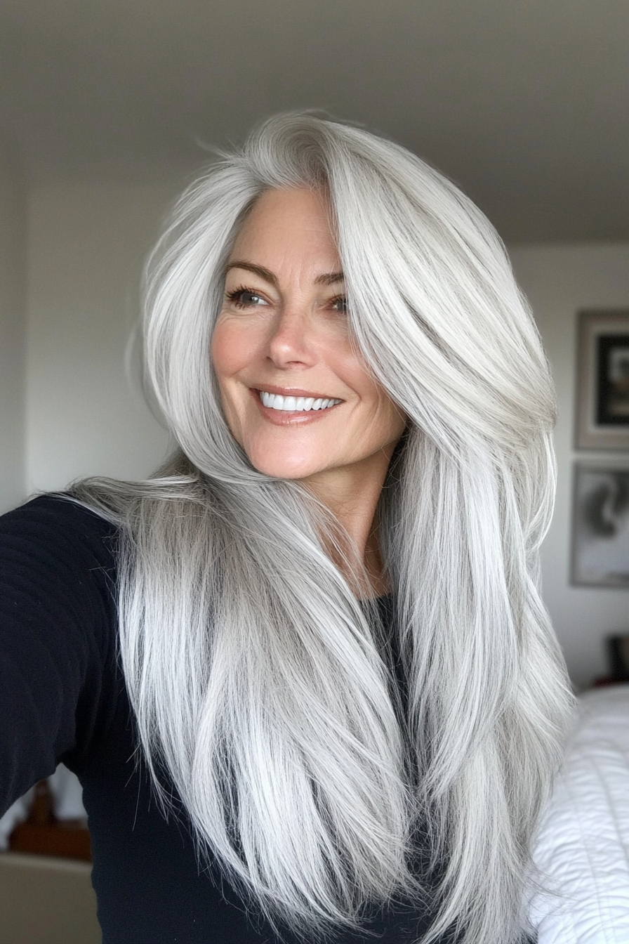 24. Silver Fox Long Layers (Long Hairstyles For Women Over 40) - Long Hairstyles For Women Over 40