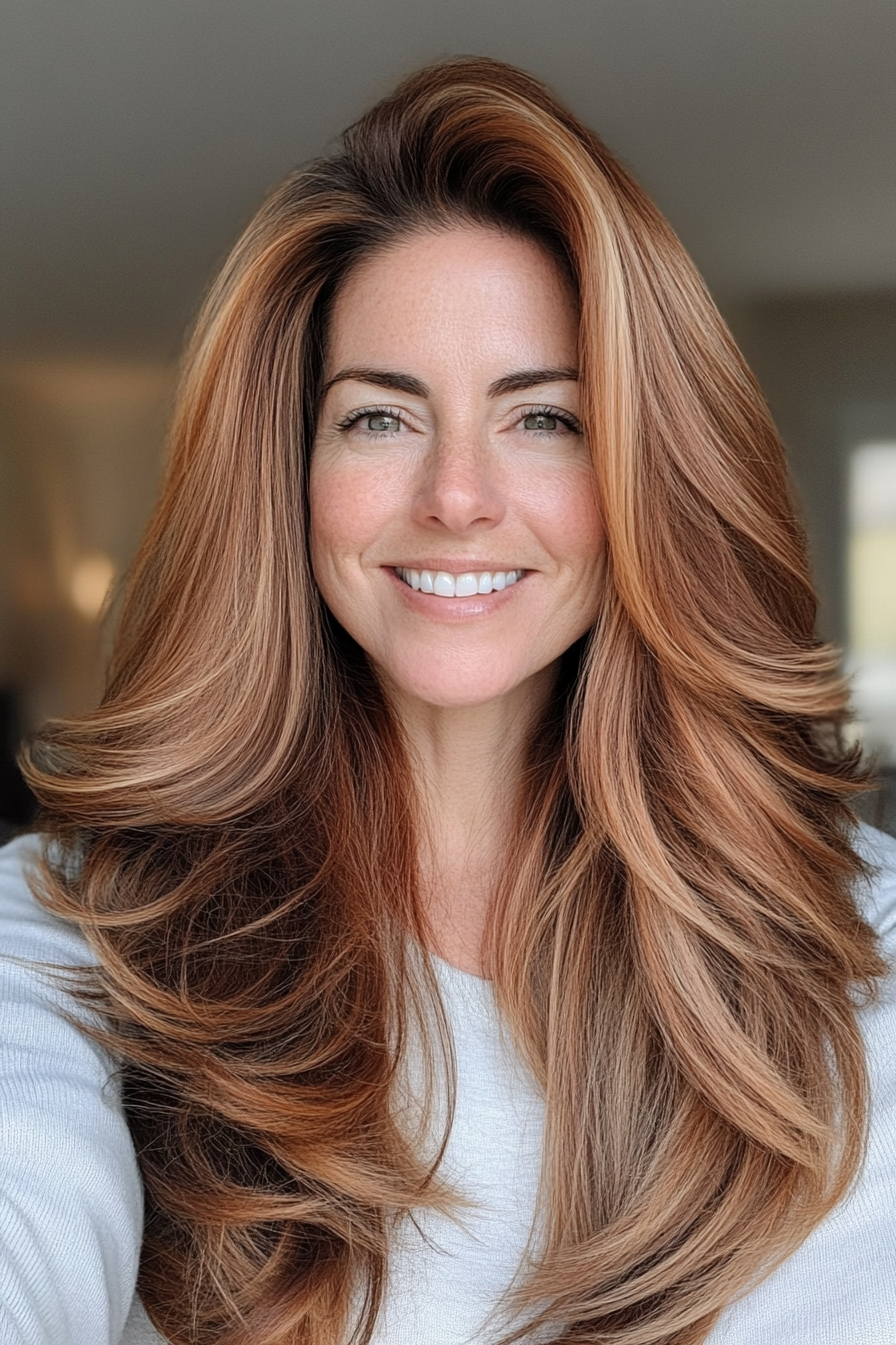 25. Warm Cinnamon Long Layers (Long Hairstyles For Women Over 40) - Long Hairstyles For Women Over 40