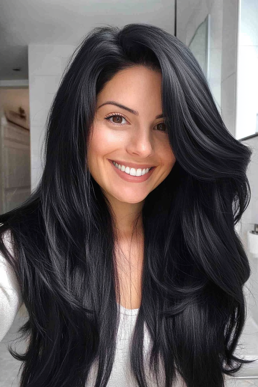 27. Natural Jet Black with Glossy Finish (Long Hairstyles For Women Over 40) - Long Hairstyles For Women Over 40