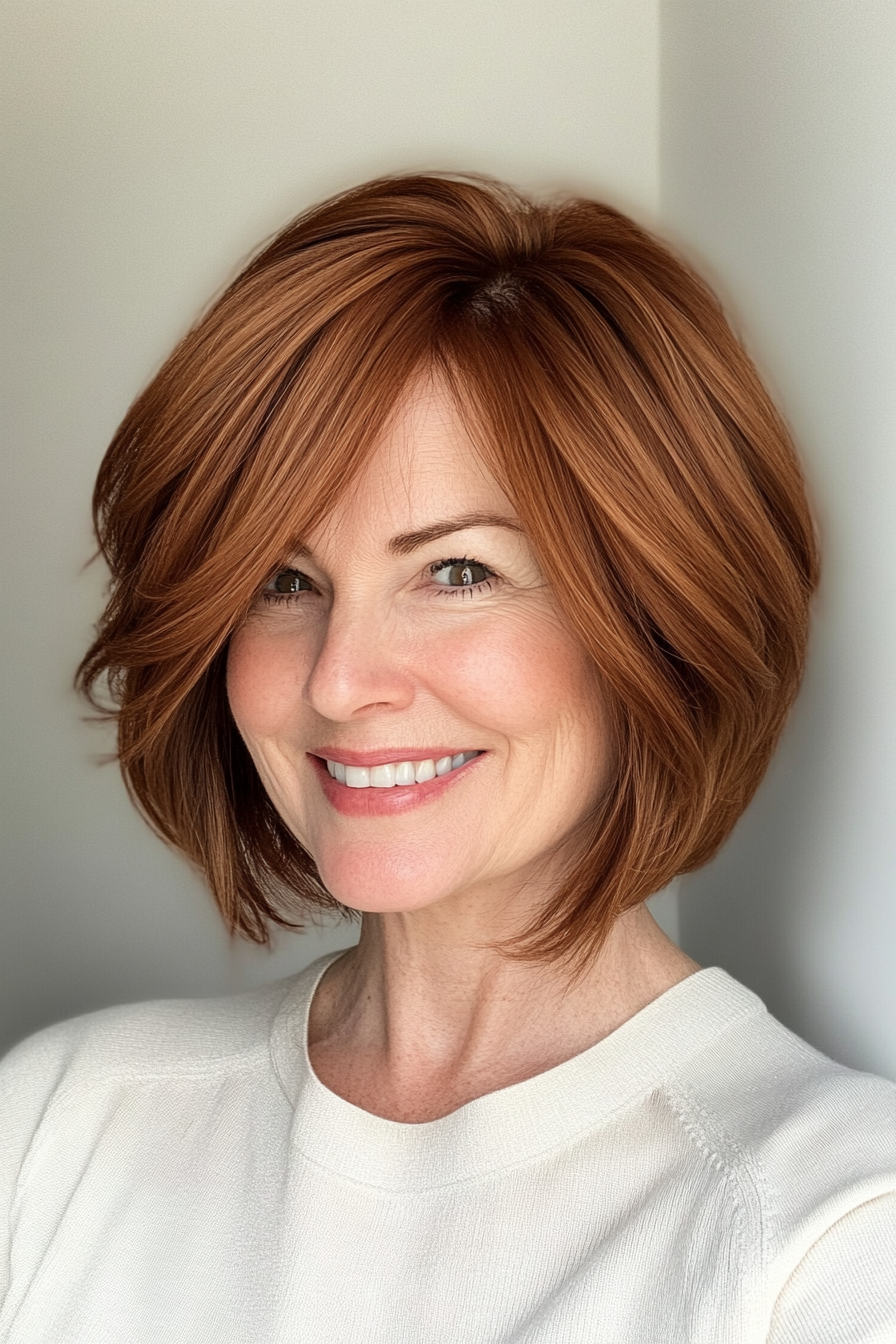 1. Soft Layered Bob in Warm Chestnut (Short Bob Haircuts For Women Over 50) - Short Bob Haircuts For Women Over 50