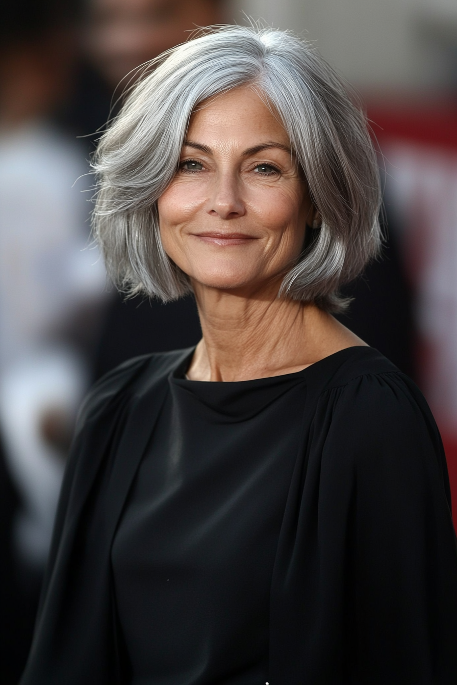 6. Layered Bob with Silver Strands (Short Bob Haircuts For Women Over 50) - Short Bob Haircuts For Women Over 50